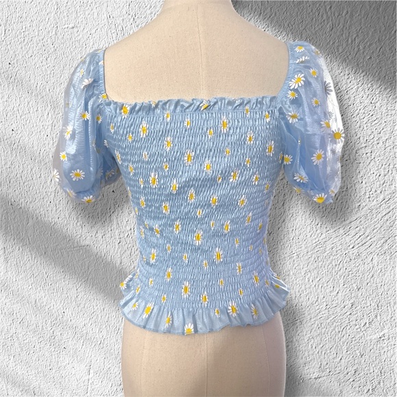 #021 | Smocked Puff Sleeve Top | Blue Daisy | XS/S | On/Off Shoulder - Picture 9 of 9